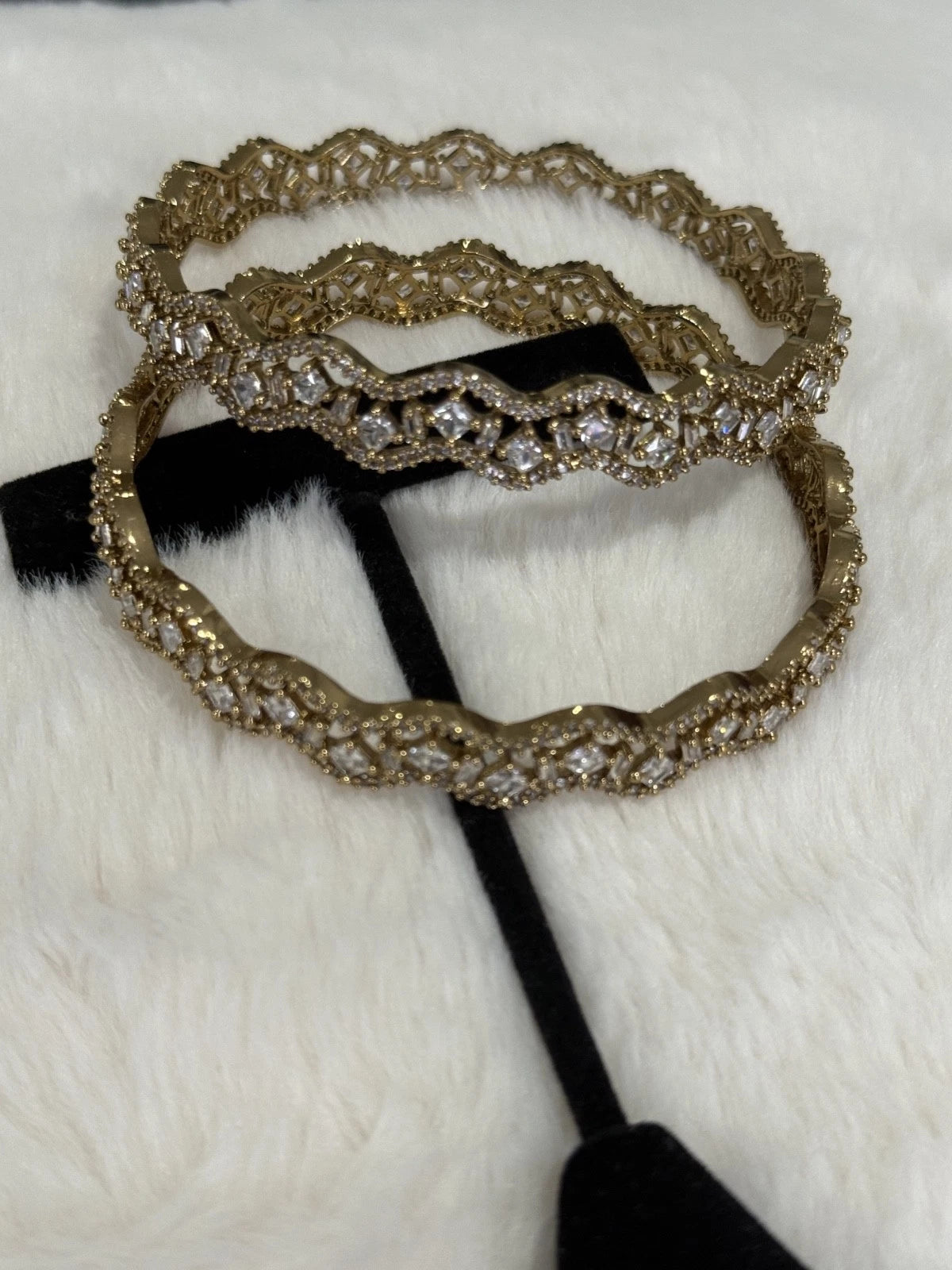 Gold Tone American Diamond Bangles Set Size 2.10 Elegant Wavy Crystal Design