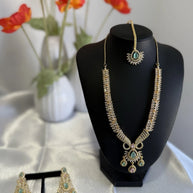 Gold Tone Mint Pink CZ Necklace Earrings Tikka Pakistani Jewelry Set