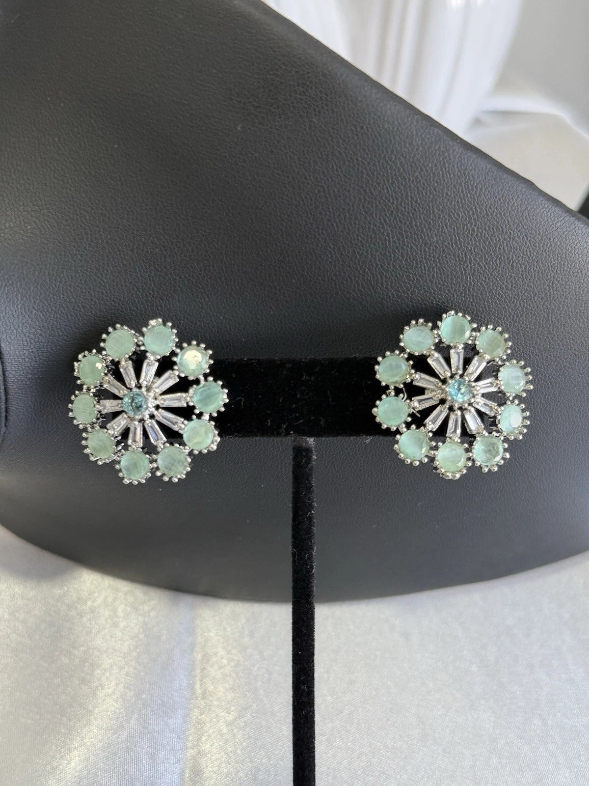 Mint Green CZ Floral Stud Earrings Silver Tone Pakistani Jewelry