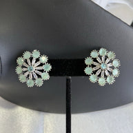 Mint Green CZ Floral Stud Earrings Silver Tone Pakistani Jewelry