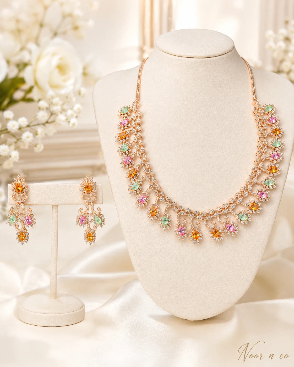 Rose Gold Multicolor CZ Necklace Earrings Set Indian Pakistani Bridal Jewelry
