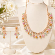Rose Gold Multicolor CZ Necklace Earrings Set Indian Pakistani Bridal Jewelry