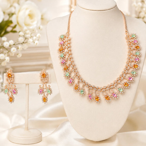 Rose Gold Multicolor CZ Necklace Earrings Set Indian Pakistani Bridal Jewelry