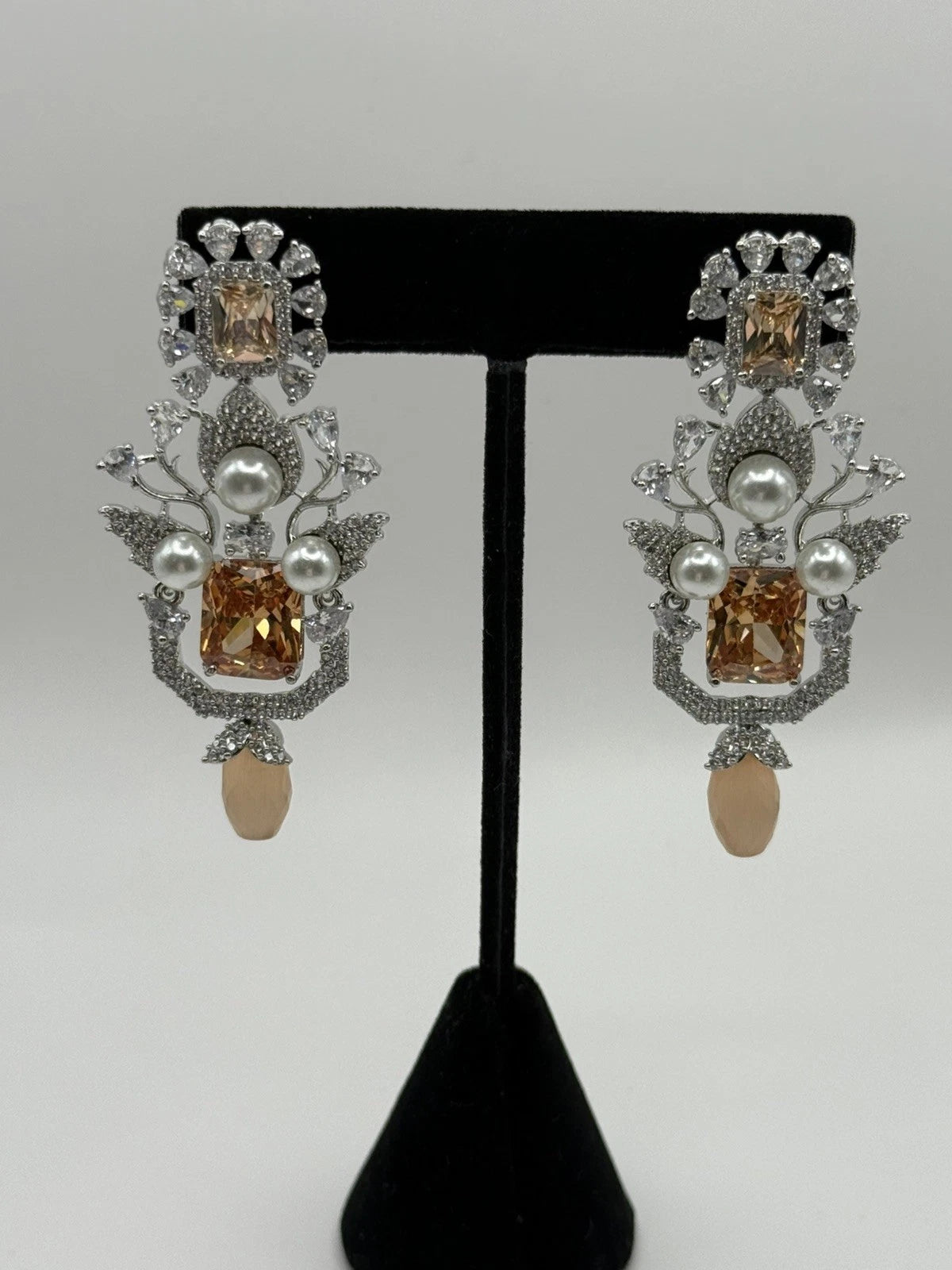 Champagne Crystal Pearl Statement Earrings – Luxury Bridal Drop Earrings