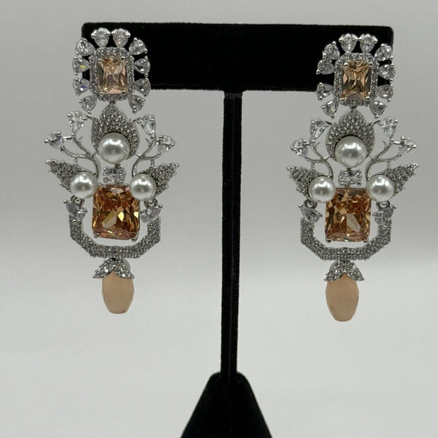 Champagne Crystal Pearl Statement Earrings – Luxury Bridal Drop Earrings