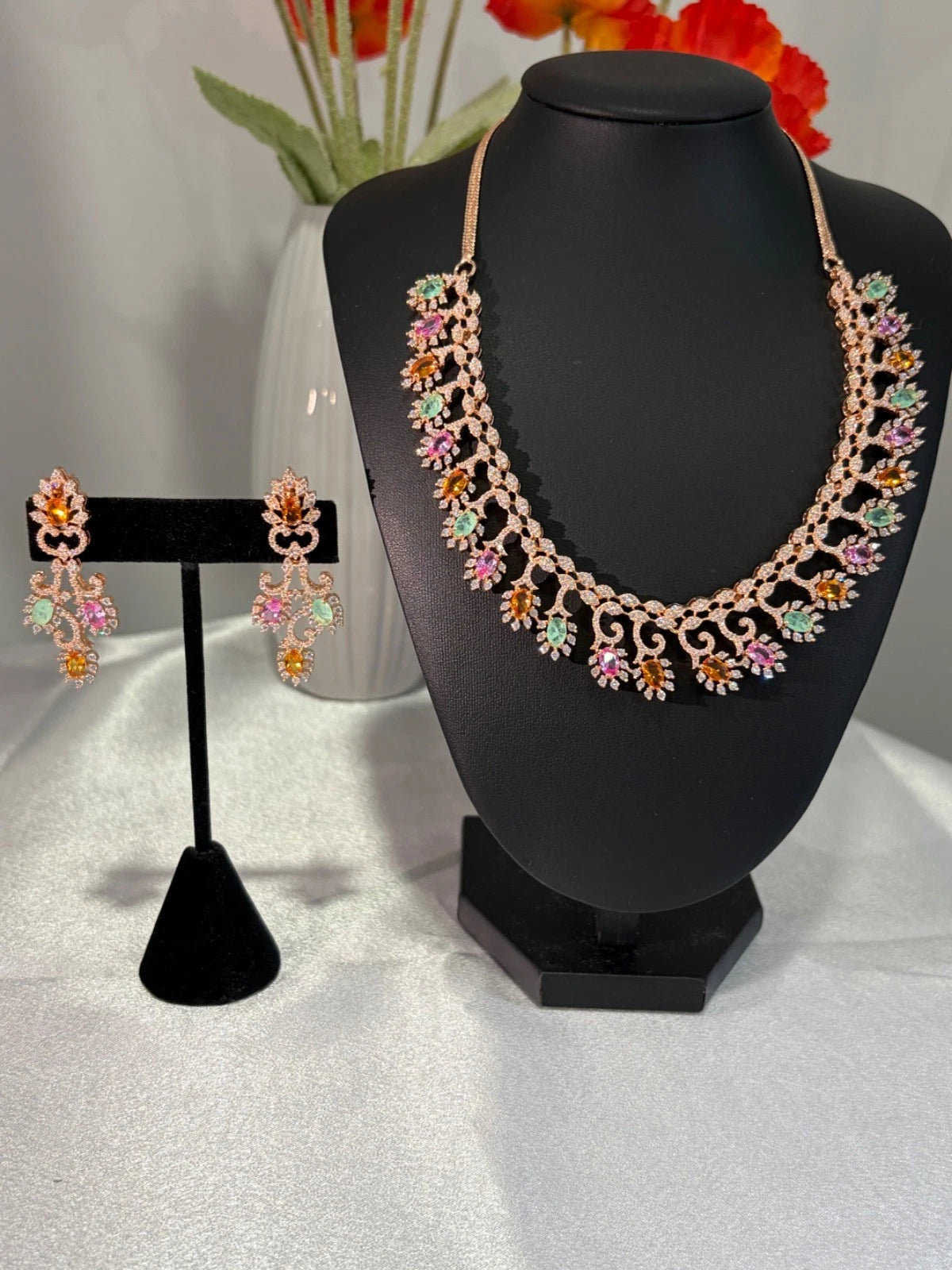 Rose Gold Multicolor CZ Necklace Earrings Set Indian Pakistani Bridal Jewelry