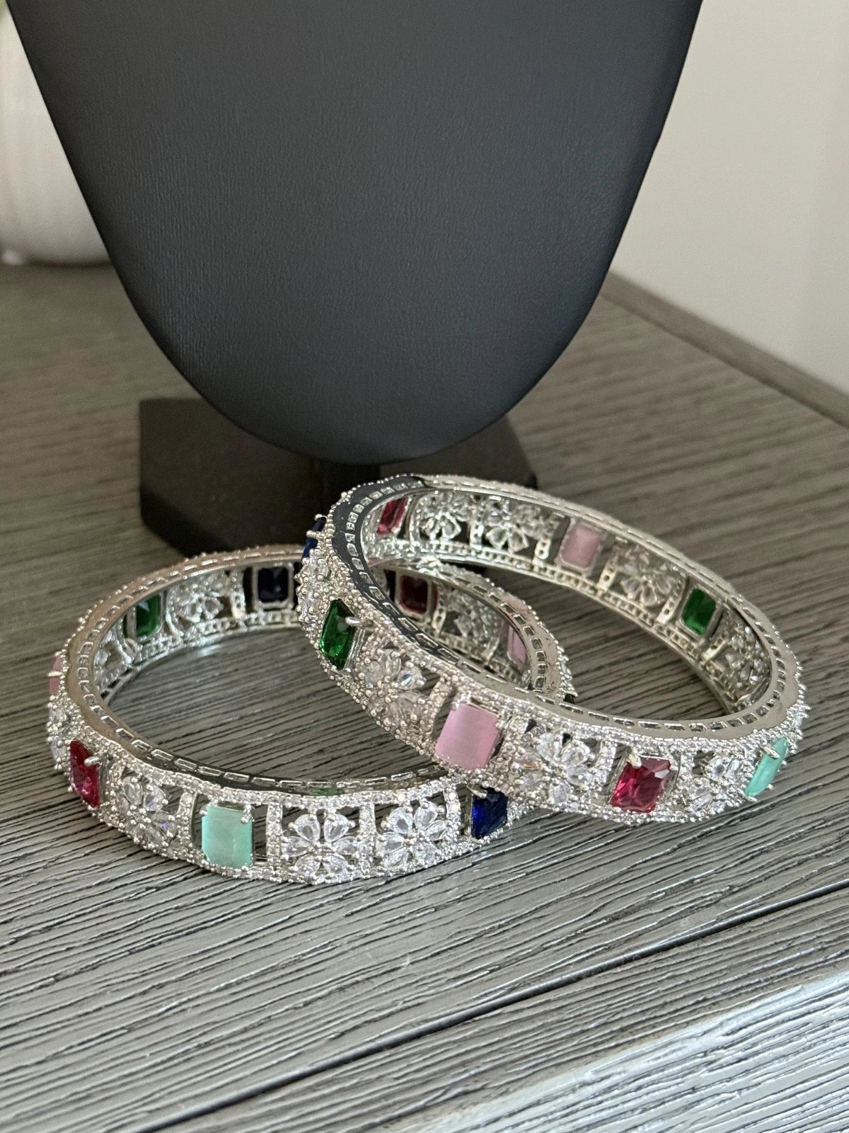 Multicolor CZ Silver Tone Bangle Bracelet Set of 2 Indian Pakistani Jewelry 2.10