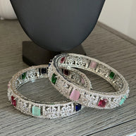 Multicolor CZ Silver Tone Bangle Bracelet Set of 2 Indian Pakistani Jewelry 2.10