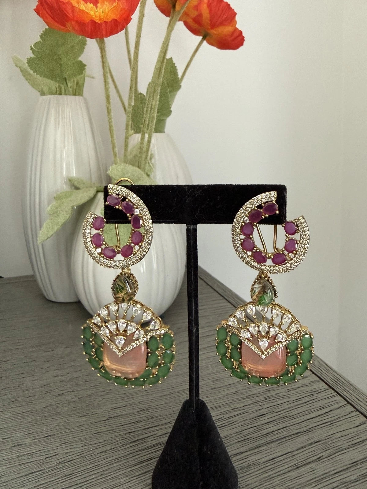 Luxury Pink & Green Statement Earrings | Pakistani Jewelry | Bridal Earrings
