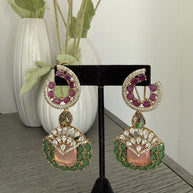 Luxury Pink & Green Statement Earrings | Pakistani Jewelry | Bridal Earrings