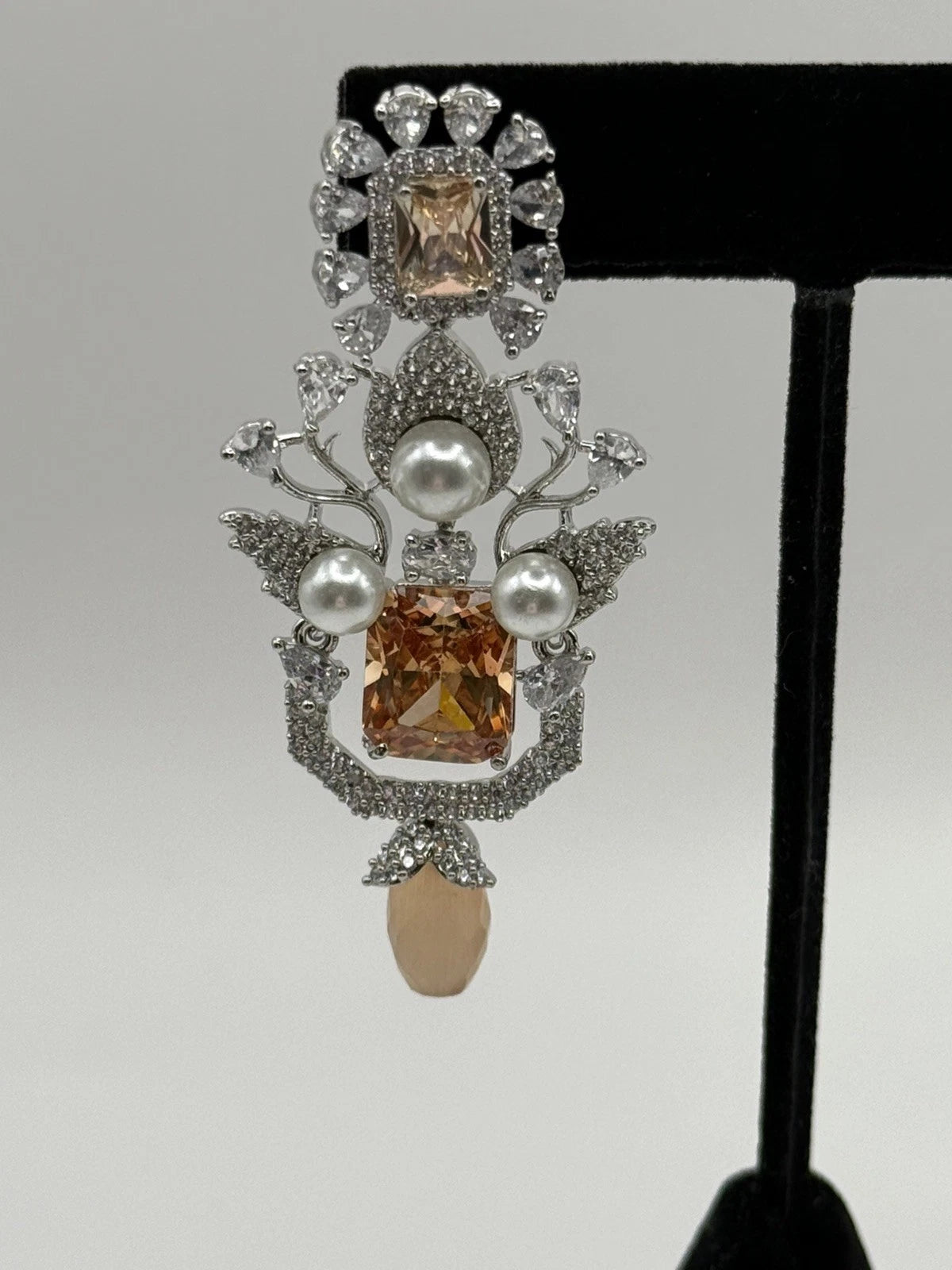 Champagne Crystal Pearl Statement Earrings – Luxury Bridal Drop Earrings