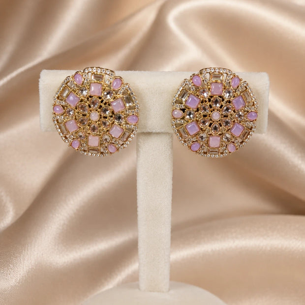 Pink Lavender Gold Tone CZ Round Statement Earrings Indian Pakistani Jewelry