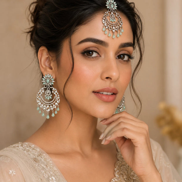 Mint Green Crystal Chandbali Earrings and Tikka