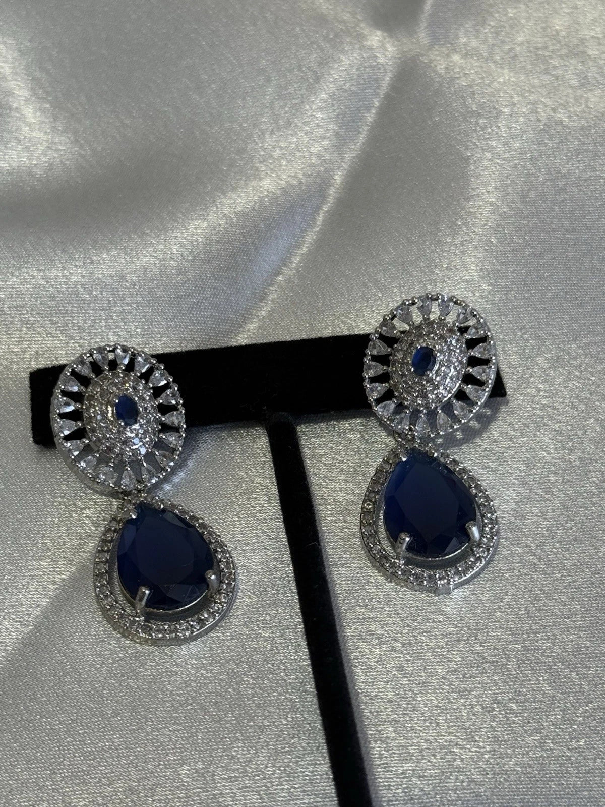 Sapphire Blue CZ Teardrop Earrings Silver Tone Party Jewelry