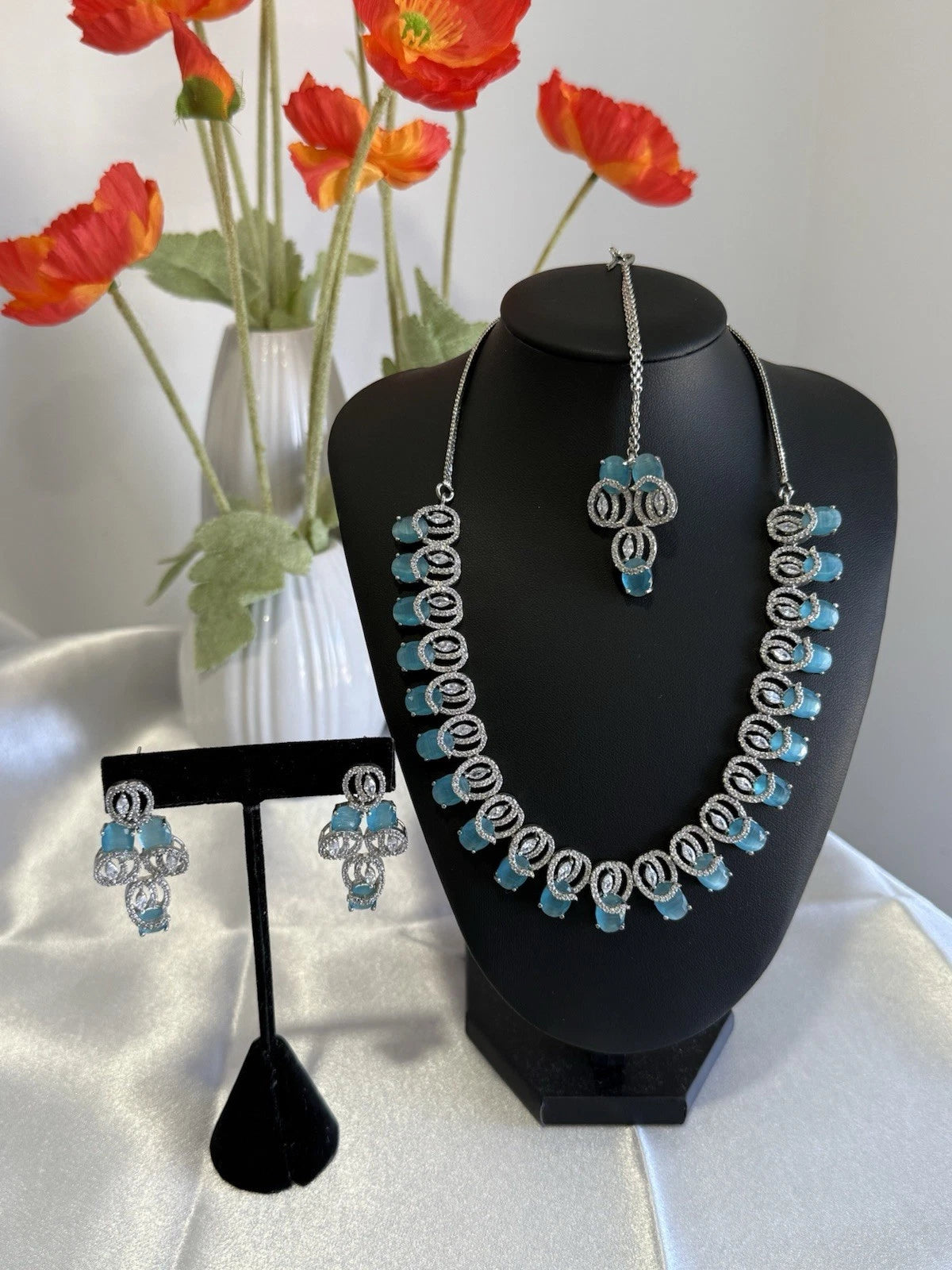 Aqua Blue CZ Necklace Earrings Tikka Set Silver Tone Pakistani Jewelry