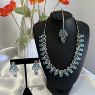 Aqua Blue CZ Necklace Earrings Tikka Set Silver Tone Pakistani Jewelry
