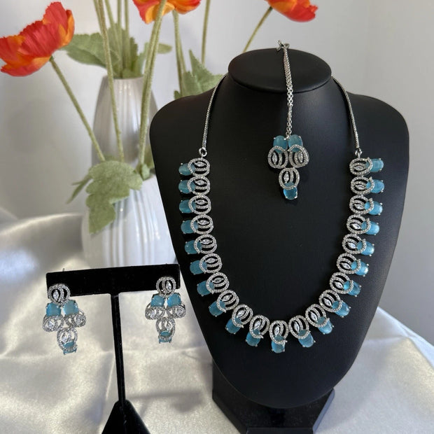 Aqua Blue CZ Necklace Earrings Tikka Set Silver Tone Pakistani Jewelry