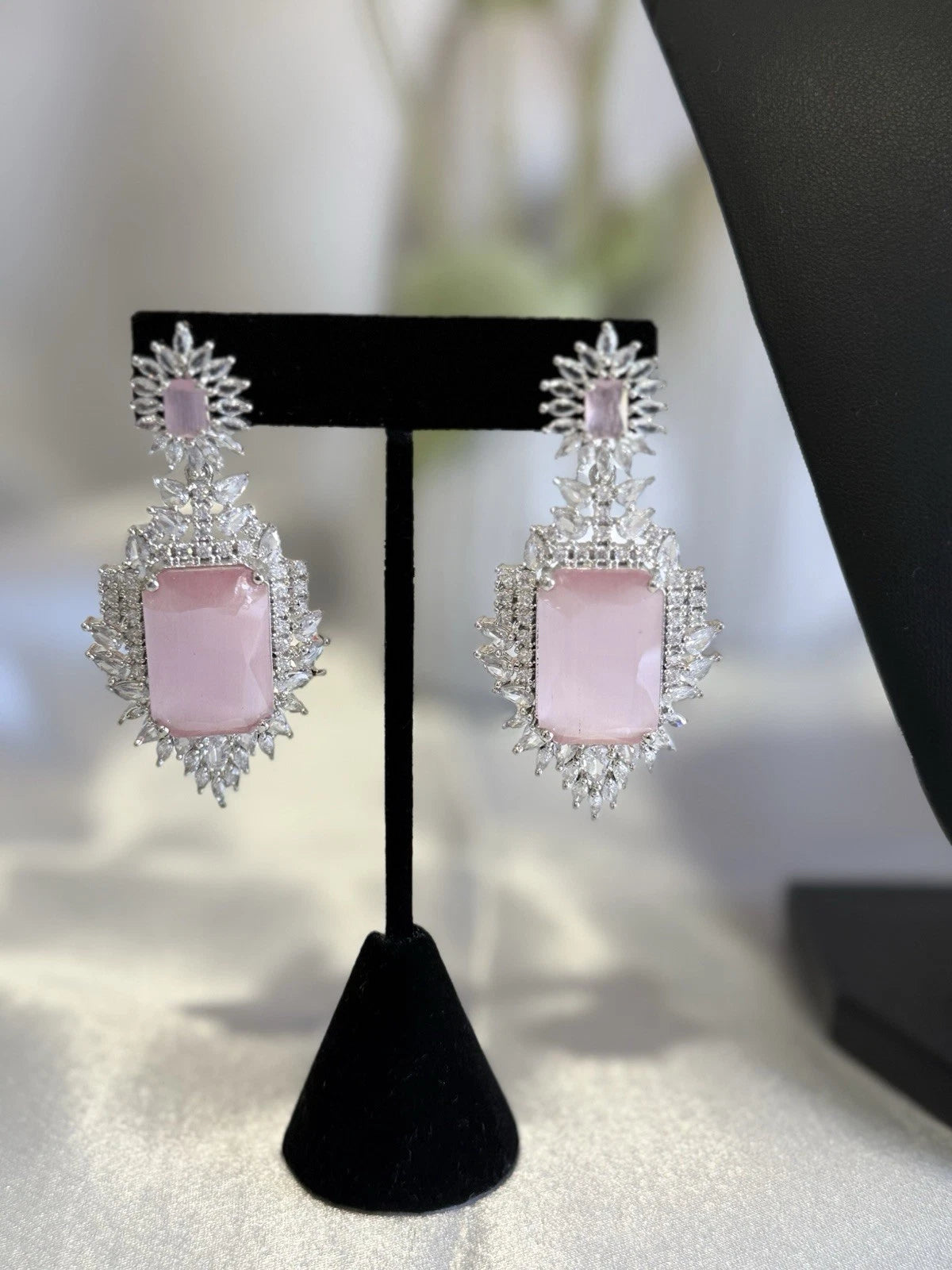 Pink CZ Necklace Earrings Tikka Set Silver Tone Pakistani Indian Jewelry