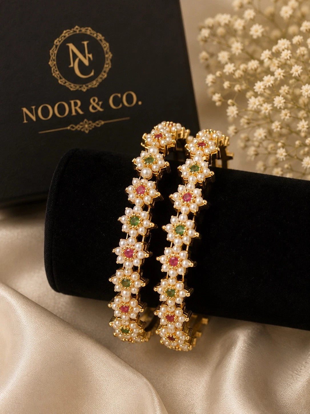 Pearl Blossom Multicolor Floral Bangles – Premium Gold Finish Size 2.10