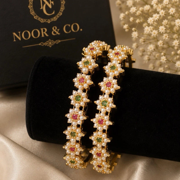 Pearl Blossom Multicolor Floral Bangles – Premium Gold Finish Size 2.10
