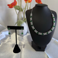 Emerald Green CZ Necklace & Earrings Set Silver Tone Wedding Jewelry