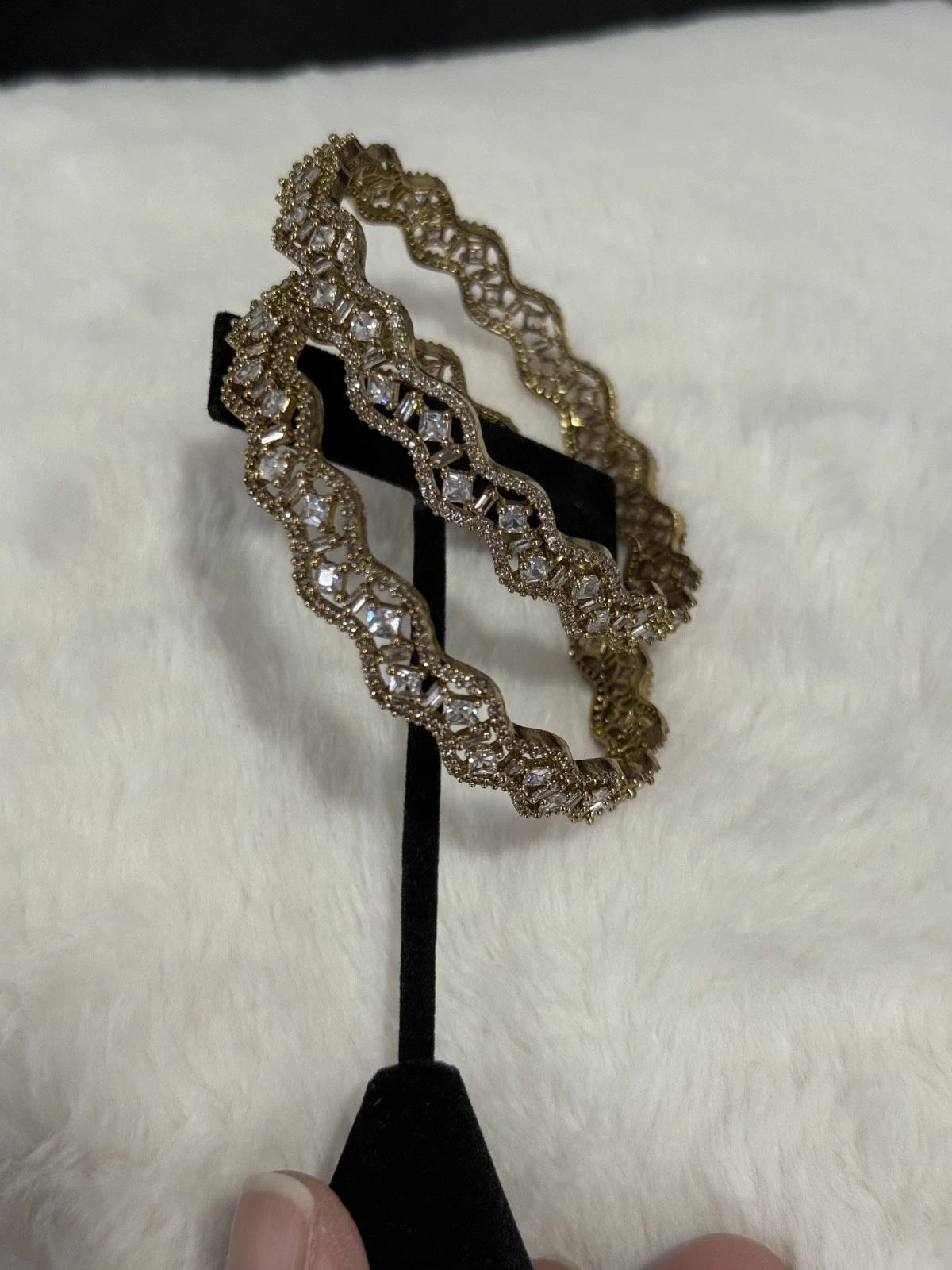 Gold Tone American Diamond Bangles Set Size 2.10 Elegant Wavy Crystal Design