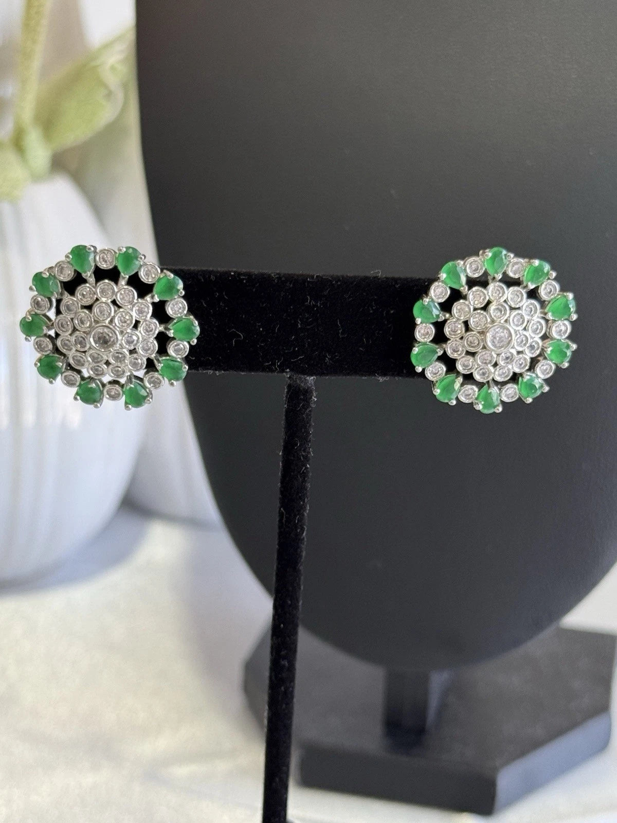 Emerald Green CZ Floral Stud Earrings Silver Tone Party Jewelry