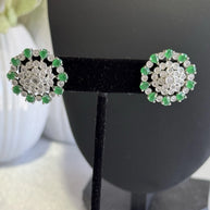 Emerald Green CZ Floral Stud Earrings Silver Tone Party Jewelry