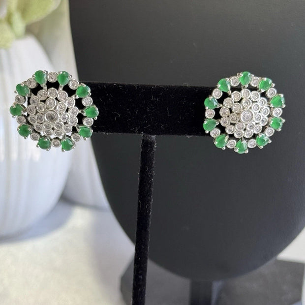 Emerald Green CZ Floral Stud Earrings Silver Tone Party Jewelry