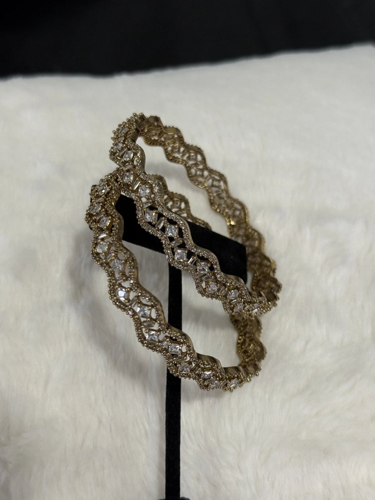 Gold Tone American Diamond Bangles Set Size 2.10 Elegant Wavy Crystal Design