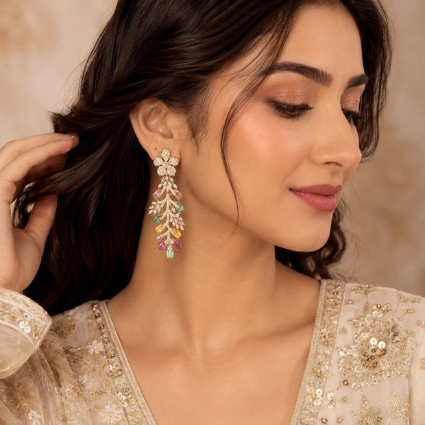 Hazoori Luxury Floral Crystal Statement Earrings | Multicolor Gemstone Earrings