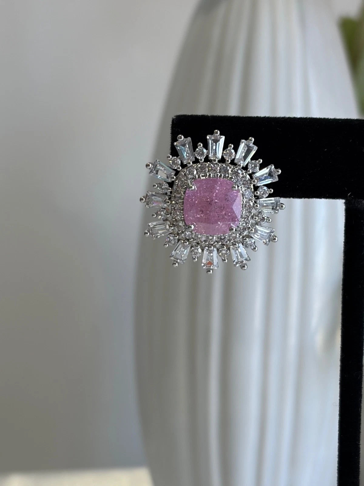 Pink Stone CZ Silver Tone Halo Stud Earrings Pakistani Indian Jewelry