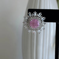 Pink Stone CZ Silver Tone Halo Stud Earrings Pakistani Indian Jewelry