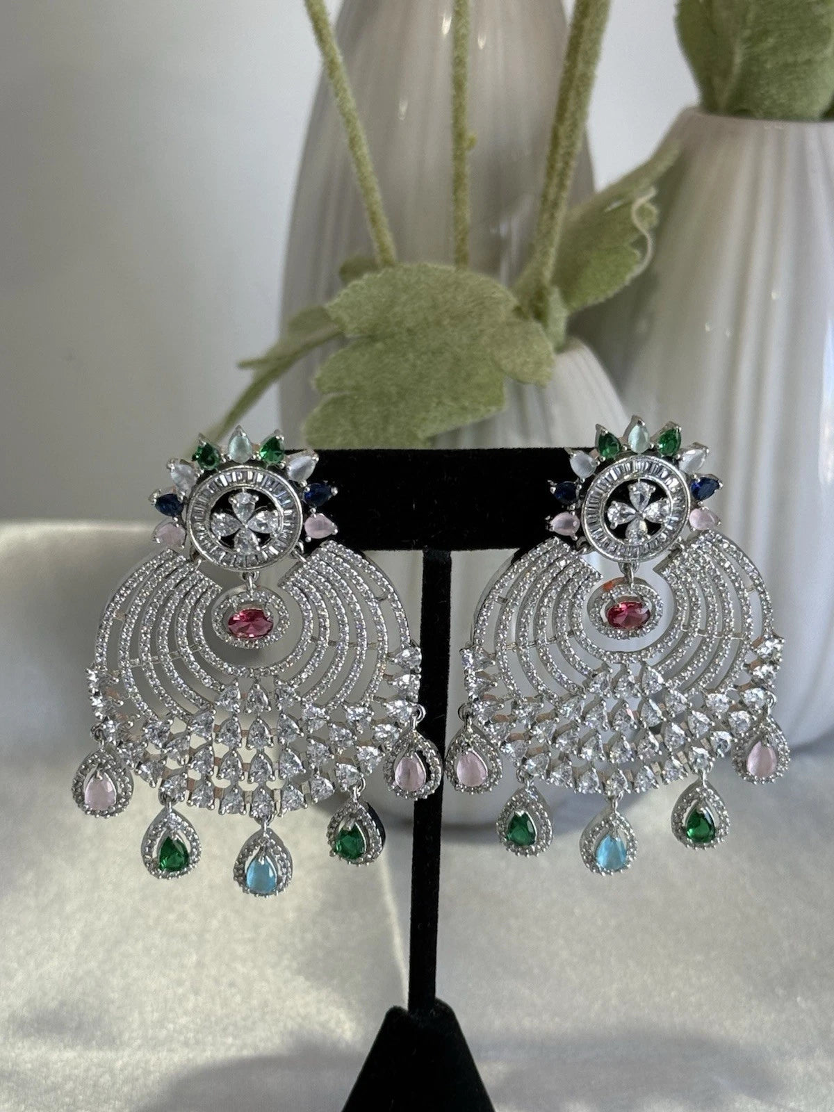 Multicolor CZ Chandbali Earrings Silver Tone Pakistani Indian Jewelry