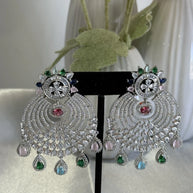 Multicolor CZ Chandbali Earrings Silver Tone Pakistani Indian Jewelry