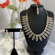 Pastel Pink Mint CZ Necklace Earrings Tikka Set Gold Tone Jewelry