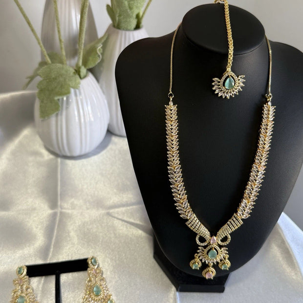 Gold Tone Mint Pink CZ Necklace Earrings Tikka Pakistani Jewelry Set