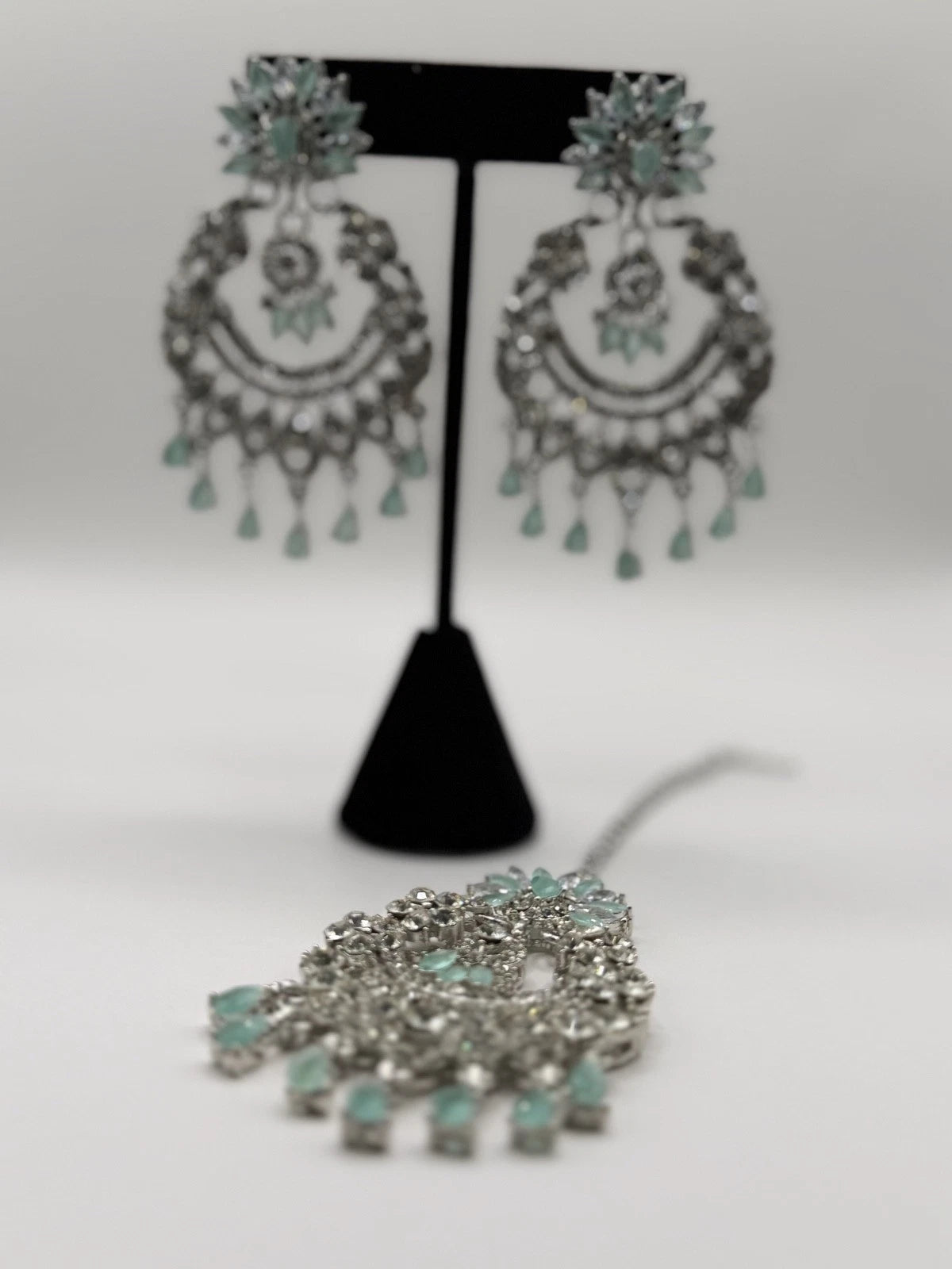 Mint Green Crystal Chandbali Earrings and Tikka