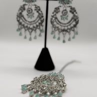 Mint Green Crystal Chandbali Earrings and Tikka