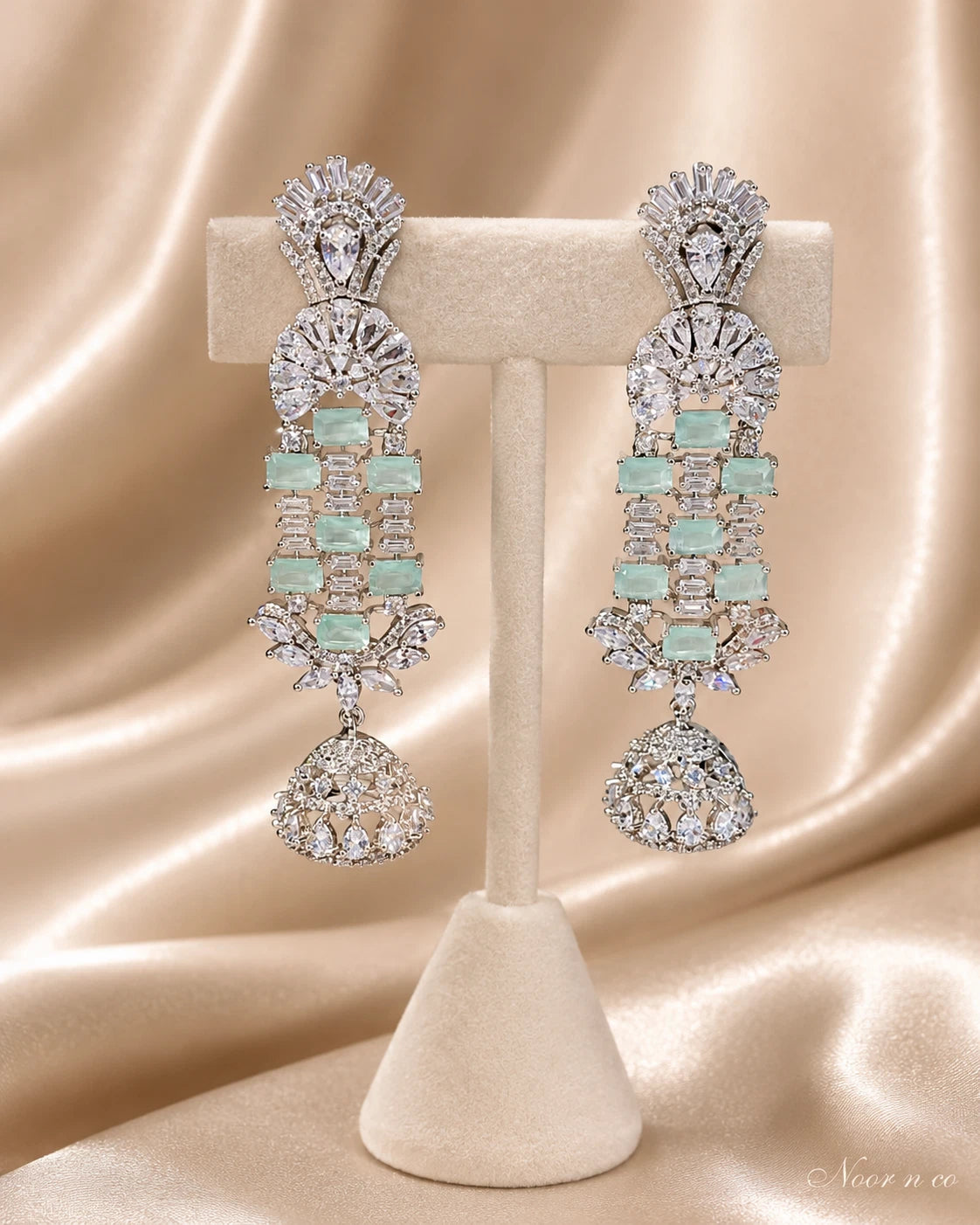 Mint Green CZ Silver Tone Chandelier Jhumka Earrings Pakistani Indian Jewelry