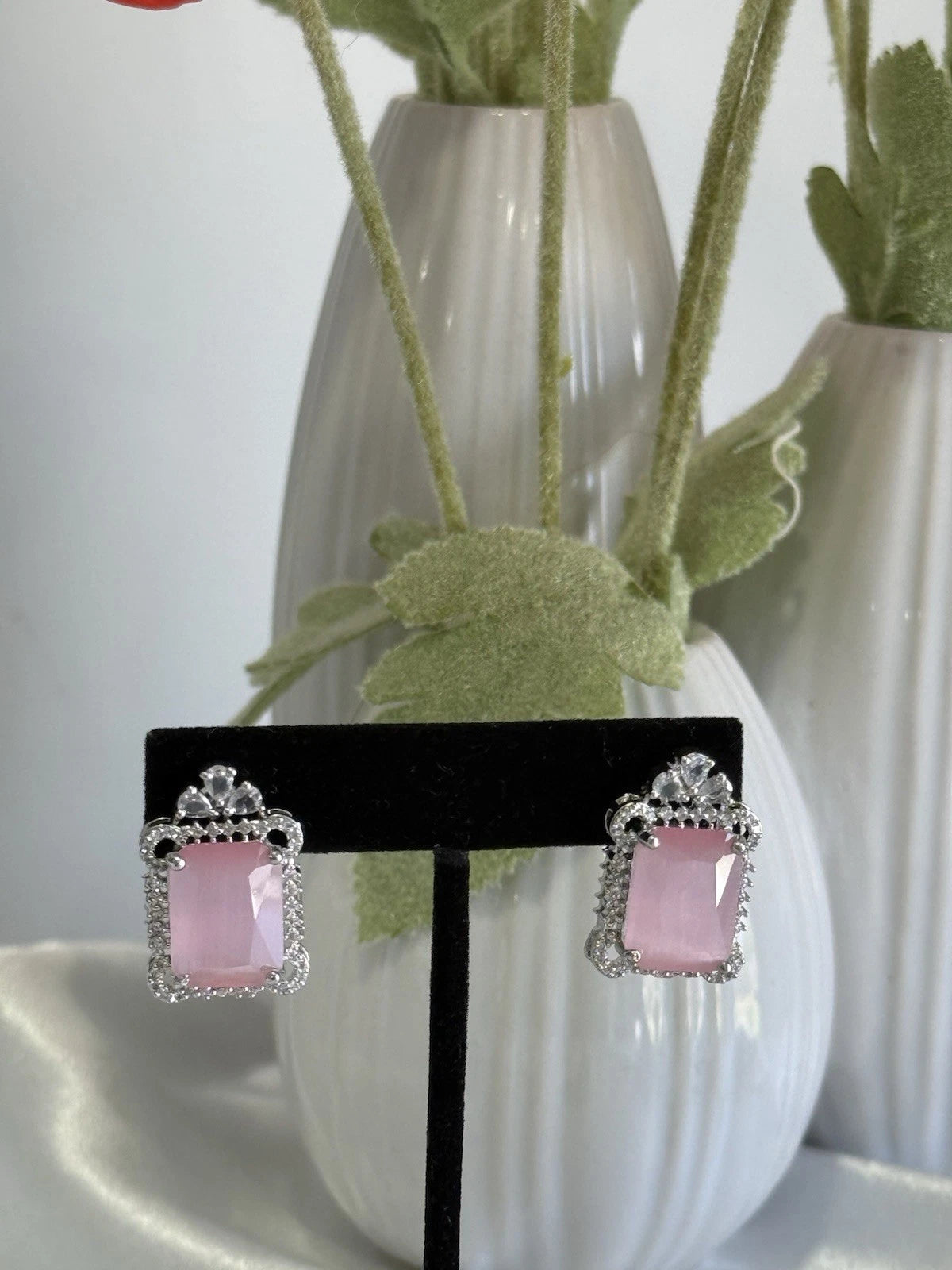 Baby Pink CZ Rectangle Stud Earrings Silver Tone Party Jewelry
