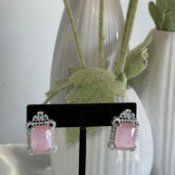 Baby Pink CZ Rectangle Stud Earrings Silver Tone Party Jewelry