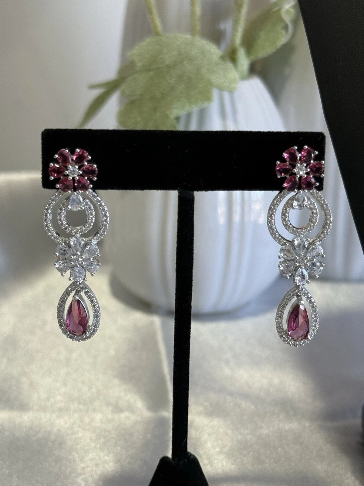 Pink Crystal CZ Necklace & Earrings Set Silver Tone Wedding Jewelry