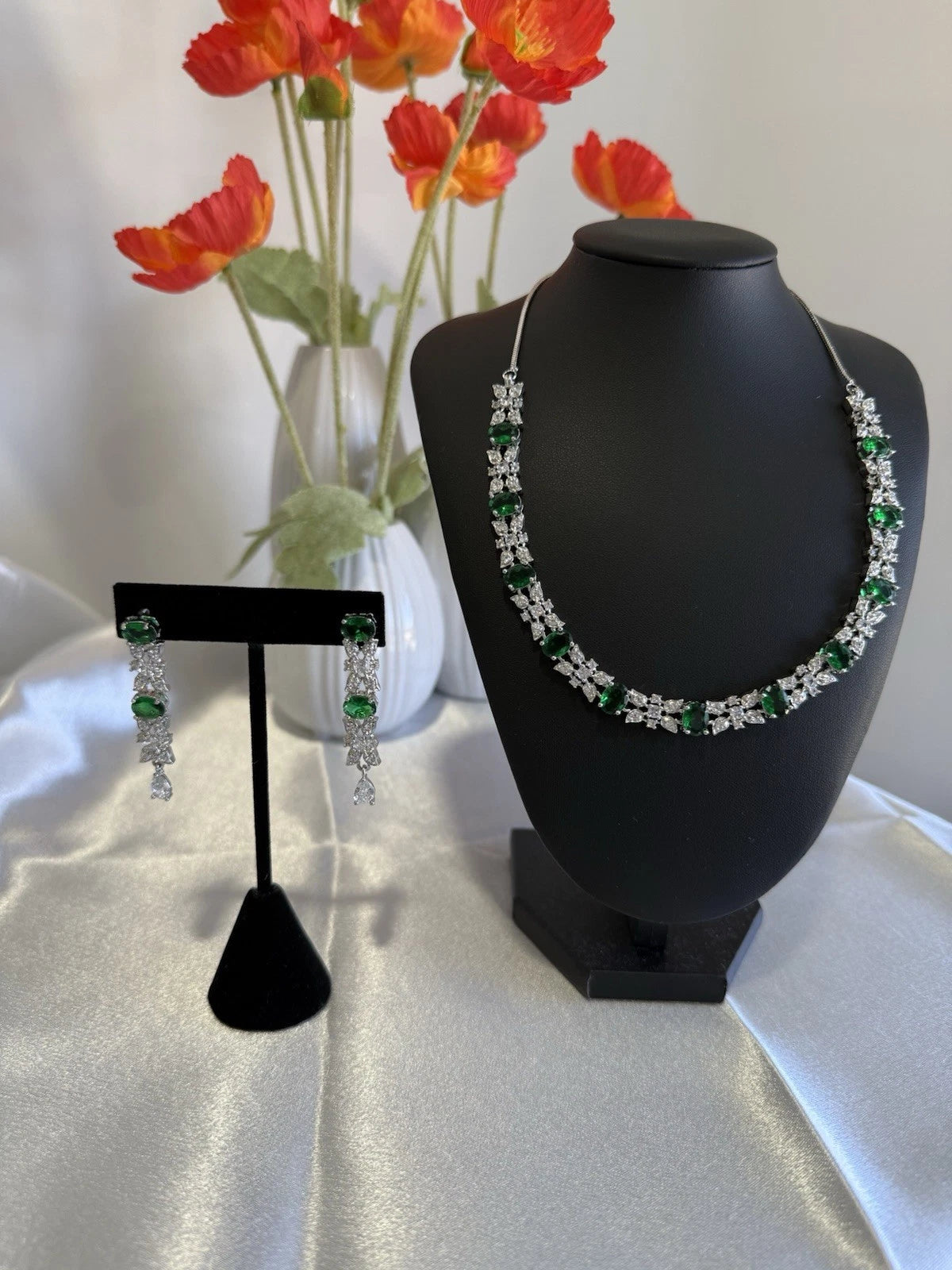 Emerald Green CZ Necklace & Earrings Set Silver Tone Wedding Jewelry