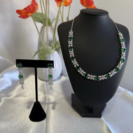 Emerald Green CZ Necklace & Earrings Set Silver Tone Wedding Jewelry