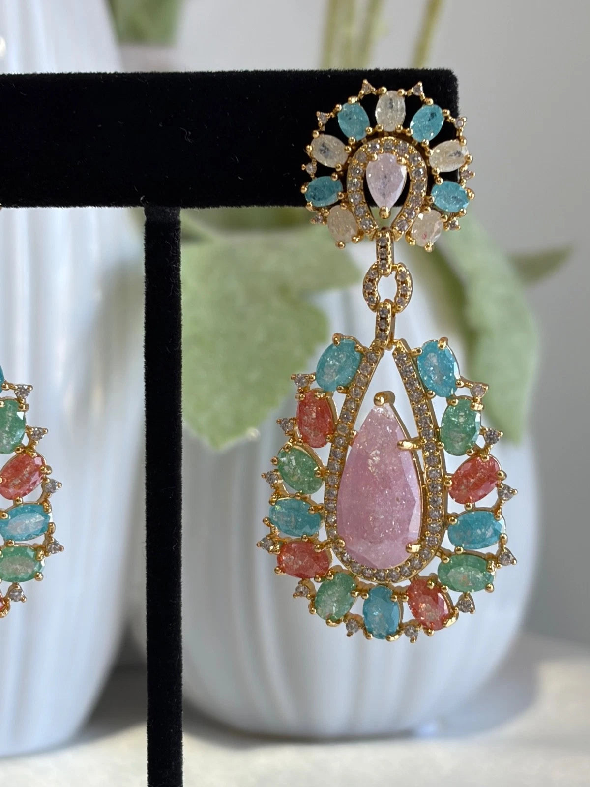 Pastel Multicolor CZ Gold Tone Teardrop Earrings Pakistani Indian Jewelry