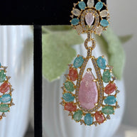 Pastel Multicolor CZ Gold Tone Teardrop Earrings Pakistani Indian Jewelry