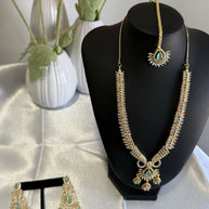 Gold Tone Mint Pink CZ Necklace Earrings Tikka Pakistani Jewelry Set