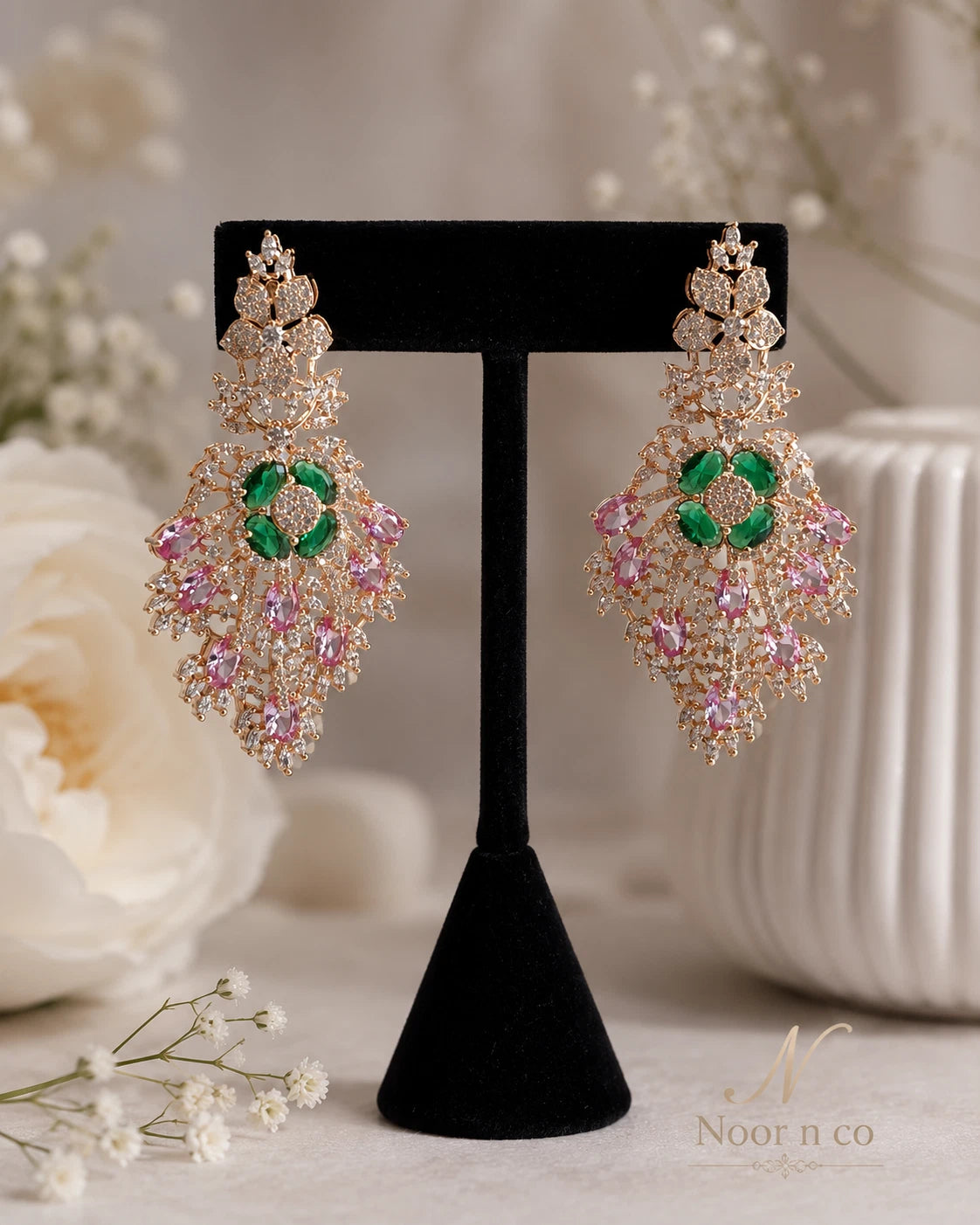 Green Pink CZ Gold Tone Chandelier Earrings Pakistani Indian Bridal Jewelry