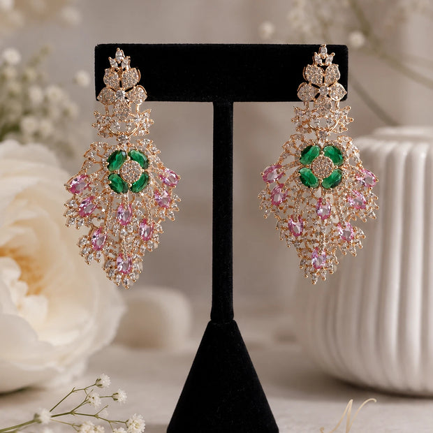 Green Pink CZ Gold Tone Chandelier Earrings Pakistani Indian Bridal Jewelry